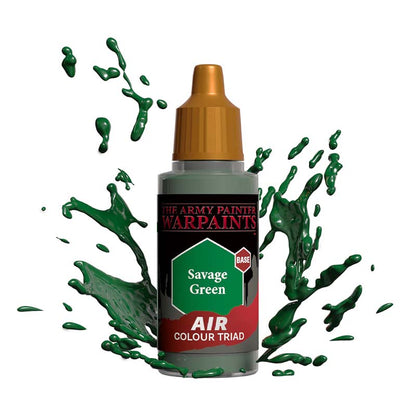 The Army Painter Air Savage Green bottle with vibrant green paint splashes representing airbrush paint for miniatures.