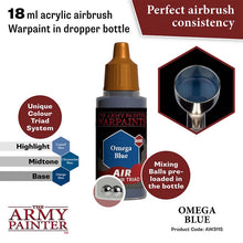 The Army Painter Air Omega Blue 18ml acrylic airbrush warpaint with perfect consistency and mixing balls.