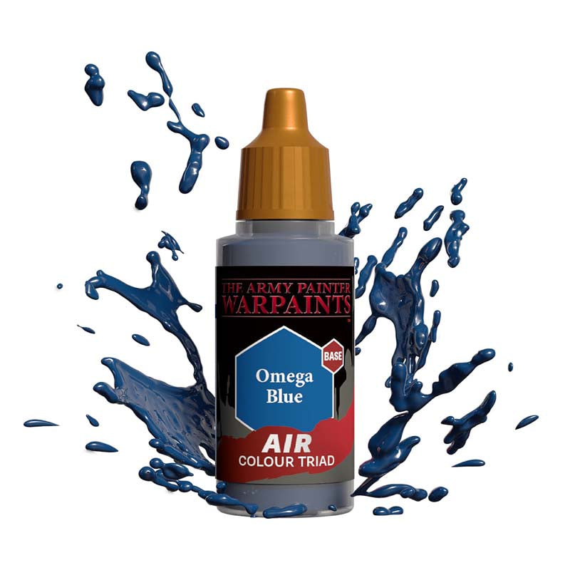 The Army Painter Air Omega Blue bottle with splashes of vibrant blue paint showcasing its air colour triad base paint.