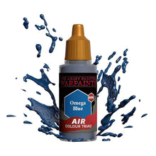 The Army Painter Air Omega Blue bottle with splashes of vibrant blue paint showcasing its air colour triad base paint.