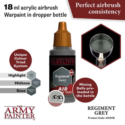 The Army Painter Air Regiment Grey 18ml acrylic airbrush paint with perfect consistency and mixing balls in dropper bottle