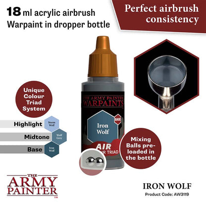 The Army Painter Air Iron Wolf acrylic airbrush warpaint in 18ml dropper bottle with preloaded mixing balls.