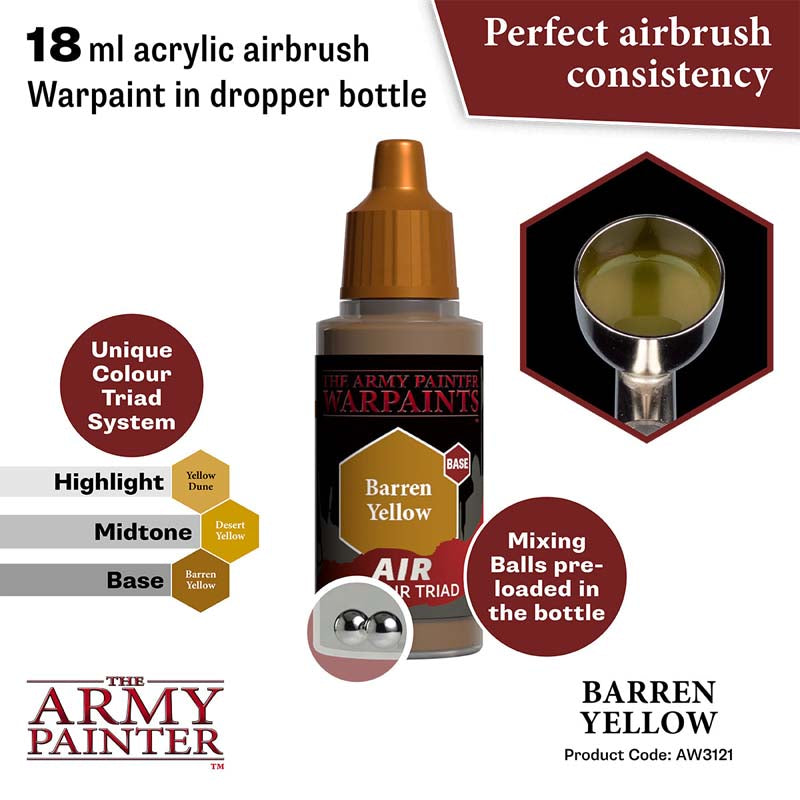The Army Painter Air Barren Yellow 18ml acrylic airbrush paint with mixing balls for smooth application.