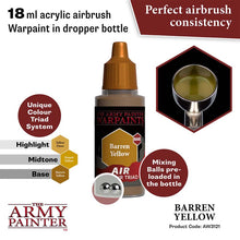 The Army Painter Air Barren Yellow 18ml acrylic airbrush paint with mixing balls for smooth application.