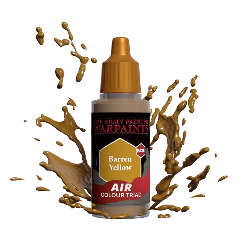 The Army Painter Air Barren Yellow bottle with paint splashes showcasing vibrant base color for miniatures.