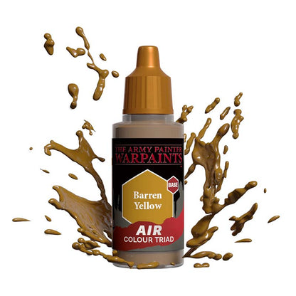 The Army Painter Air Barren Yellow bottle with paint splashes showcasing vibrant base color for miniatures.