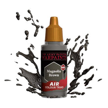 The Army Painter Air Magnolia Brown bottle with brown paint splashes showcasing airbrush paint for miniature models.