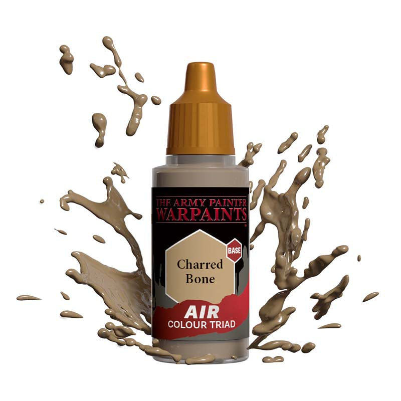 The Army Painter Air Charred Bone paint bottle with beige paint splashes highlighting airbrush base color for miniatures.