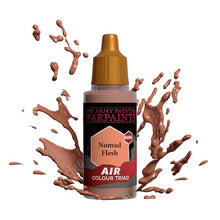 The Army Painter Air Nomad Flesh airbrush paint bottle with splashes of flesh-colored paint around it
