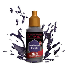 The Army Painter Air Broodmother Purple base paint bottle with vibrant purple airbrush paint splashes surrounding it.