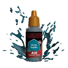 The Army Painter Air Ocean Depths paint bottle with teal blue paint splashes highlighting airbrush base paint.
