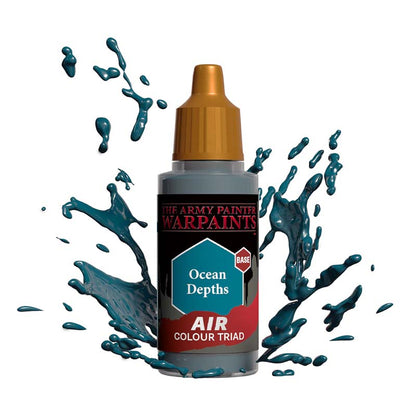 The Army Painter Air Ocean Depths paint bottle with teal blue paint splashes highlighting airbrush base paint.