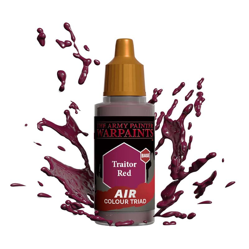 The Army Painter Air Traitor Red bottle with vibrant red paint splashes showcasing the air color triad base paint.