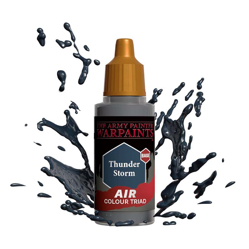 The Army Painter Air Thunder Storm paint bottle with splashes of dark gray paint for miniature base coating.