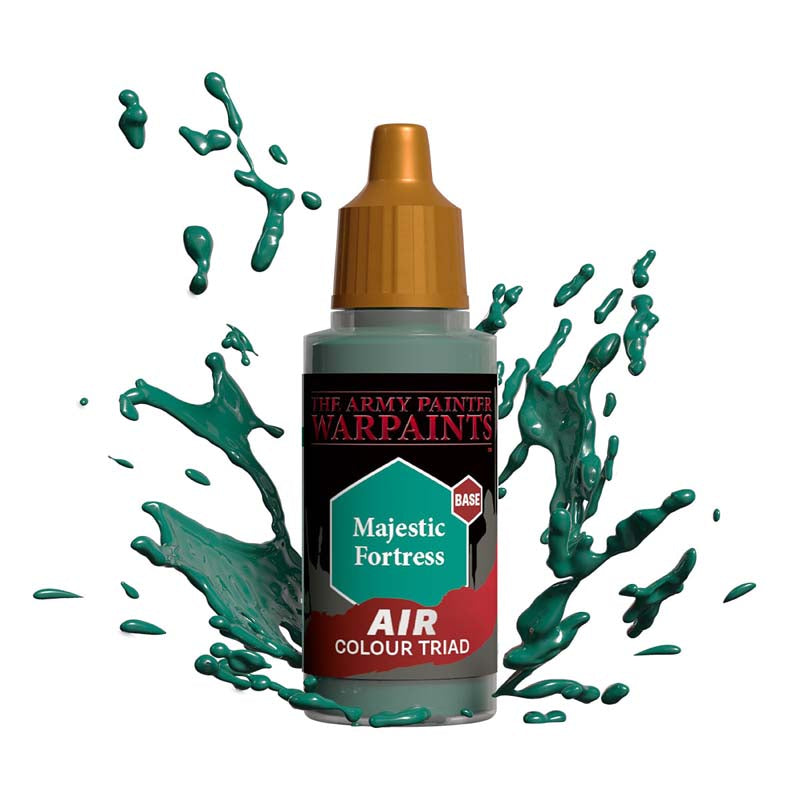The Army Painter Air Majestic Fortress bottle with green paint splashes highlighting air paint for miniature models.