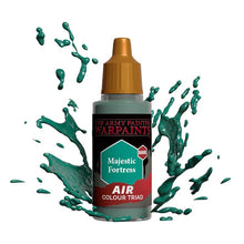 The Army Painter Air Majestic Fortress bottle with green paint splashes highlighting air paint for miniature models.