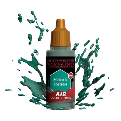 The Army Painter Air Majestic Fortress bottle with green paint splashes highlighting air paint for miniature models.