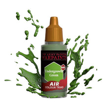 The Army Painter Air Undergrowth Green bottle with green paint splashes showcasing a base color for miniature painting.