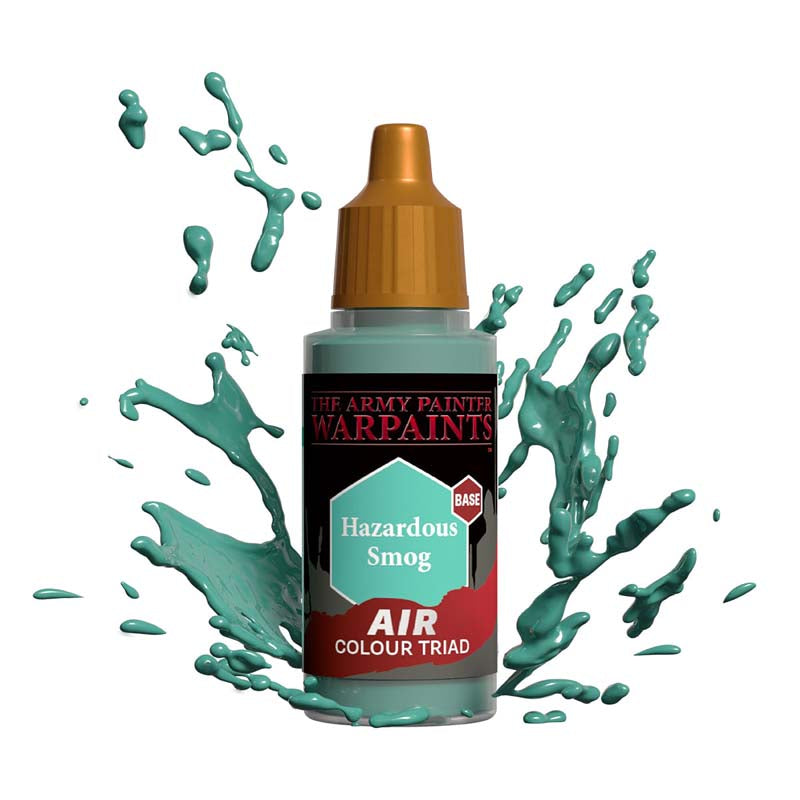 The Army Painter Air Hazardous Smog bottle with teal paint splashes, ideal for airbrush and miniature painting.