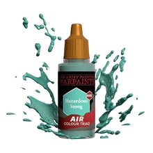 The Army Painter Air Hazardous Smog bottle with teal paint splashes, ideal for airbrush and miniature painting.