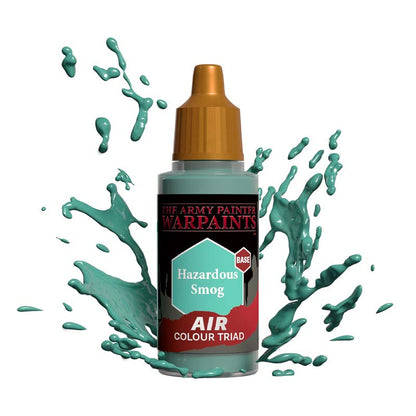 The Army Painter Air Hazardous Smog bottle with teal paint splashes, ideal for airbrush and miniature painting.