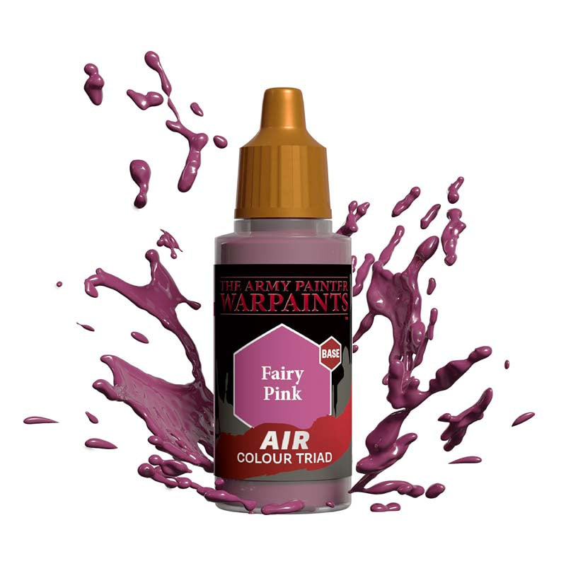 The Army Painter Air Fairy Pink bottle with vibrant pink paint splashes showcasing the air colour triad base paint.