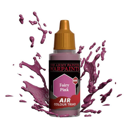 The Army Painter Air Fairy Pink bottle with vibrant pink paint splashes showcasing the air colour triad base paint.