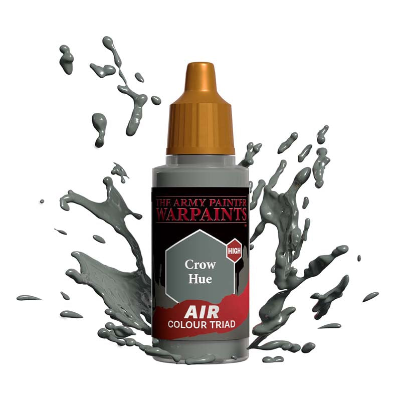 The Army Painter Air Crow Hue bottle with gray paint splashes showcasing airbrush color triad quality.