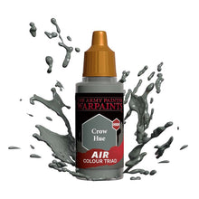 The Army Painter Air Crow Hue bottle with gray paint splashes showcasing airbrush color triad quality.