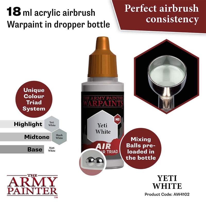 The Army Painter Air Yeti White acrylic airbrush warpaint in 18ml dropper bottle with mixing balls.