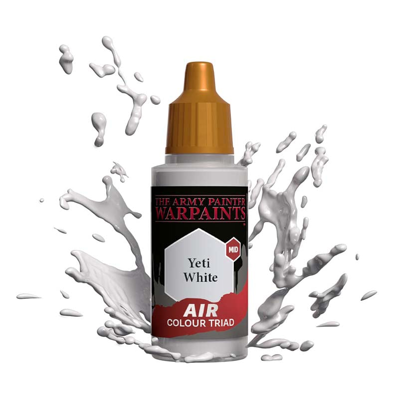 The Army Painter Air Yeti White mid-tone airbrush paint with dynamic white paint splash background.