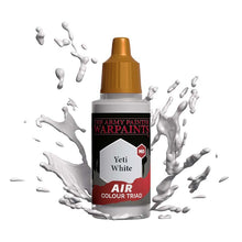 The Army Painter Air Yeti White mid-tone airbrush paint with dynamic white paint splash background.