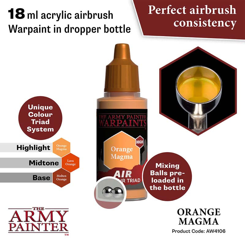 The Army Painter Air Orange Magma 18ml acrylic airbrush paint with dropper bottle and mixing balls for smooth consistency