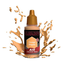 The Army Painter Air Orange Magma bottle with orange paint splashes showcasing vibrant color for airbrush use.