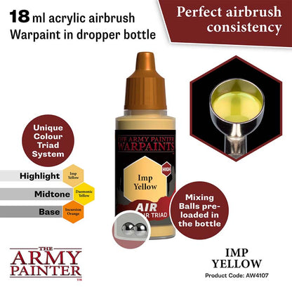 The Army Painter Air Imp Yellow 18ml acrylic airbrush warpaint with perfect consistency and mixing balls in dropper bottle