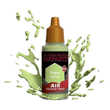 The Army Painter Air Bogey Green bottle with green paint splashes, designed for miniature painting and airbrushing.