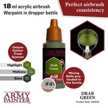 The Army Painter Air Drab Green acrylic airbrush paint with perfect consistency and mixing balls in 18ml dropper bottle.