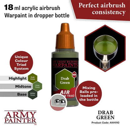 The Army Painter Air Drab Green acrylic airbrush paint with perfect consistency and mixing balls in 18ml dropper bottle.
