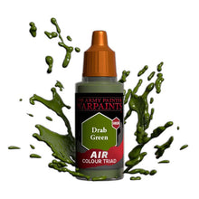 The Army Painter Air Drab Green bottle with green paint splashes, designed for airbrush miniature painting.