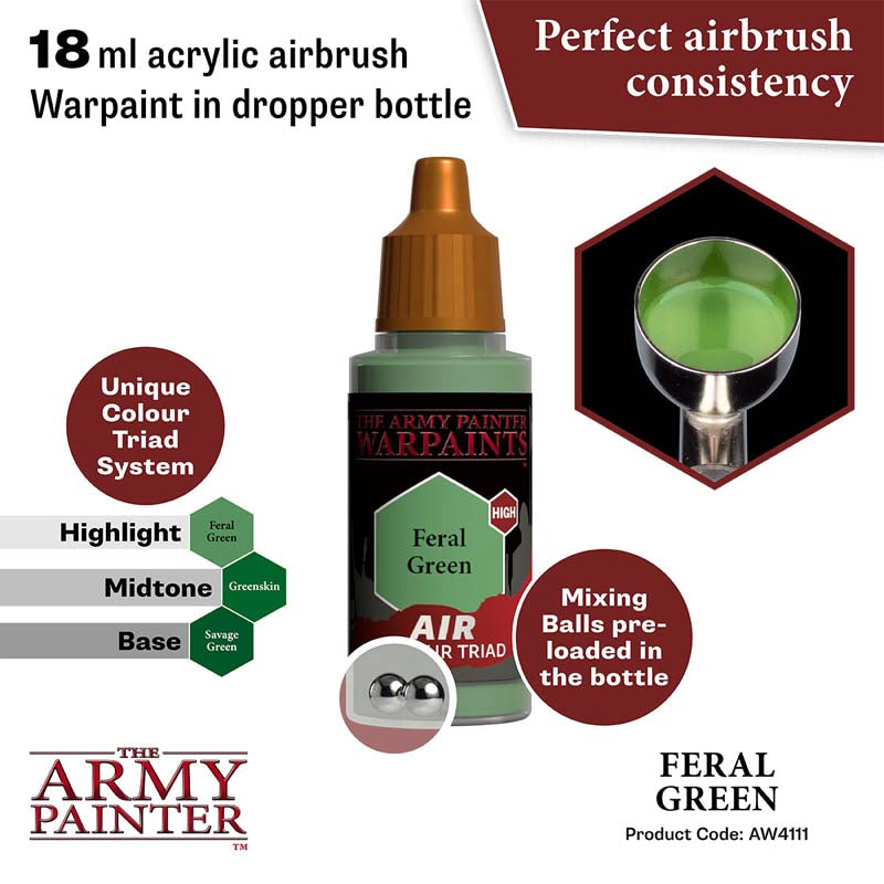 The Army Painter Air Feral Green 18ml acrylic airbrush warpaint with mixing balls and perfect consistency.