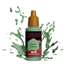The Army Painter Air Feral Green bottle with splashing green paint highlighting airbrush paint for miniatures.