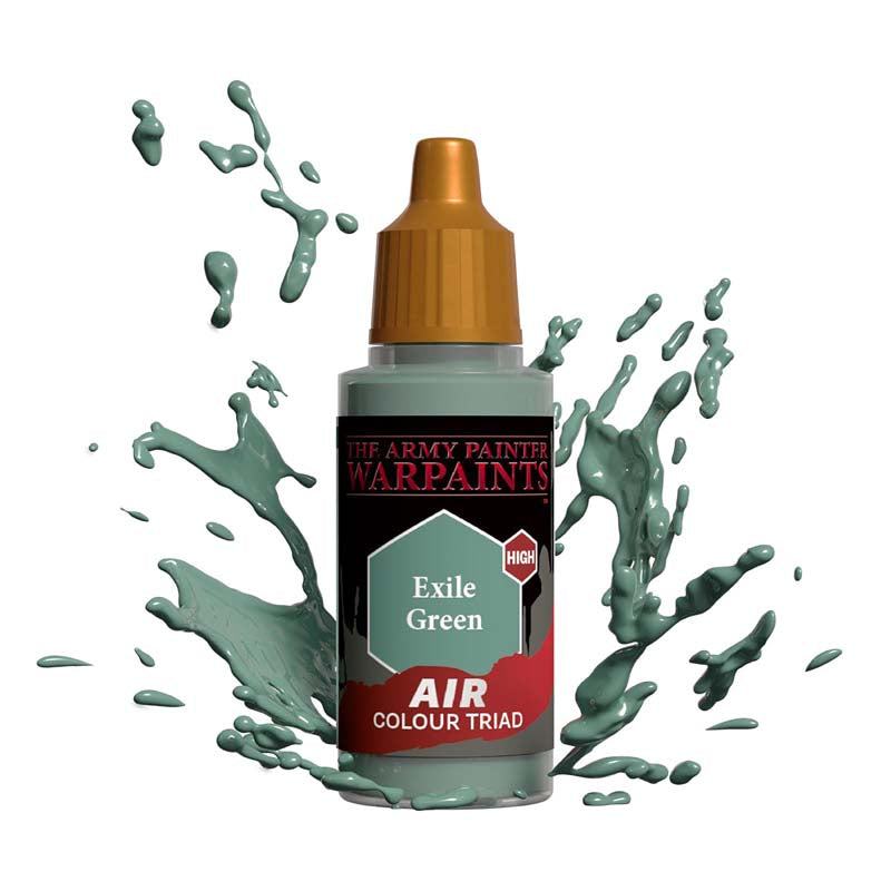 The Army Painter Air Exile Green bottle with green paint splashes illustrating airbrush paint for miniatures.