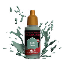 The Army Painter Air Exile Green bottle with green paint splashes illustrating airbrush paint for miniatures.