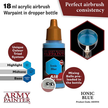 The Army Painter Air Ionic Blue 18ml acrylic airbrush warpaint with perfect consistency and mixing balls in dropper bottle