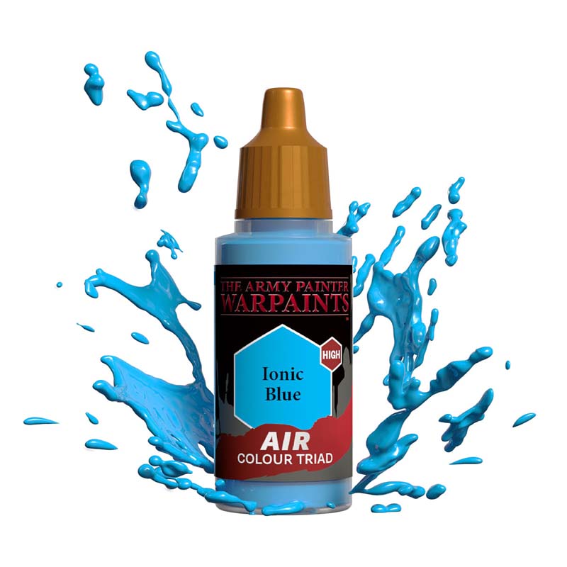 The Army Painter Air Ionic Blue bottle with vibrant blue paint splashes showcasing airbrush color for miniatures.