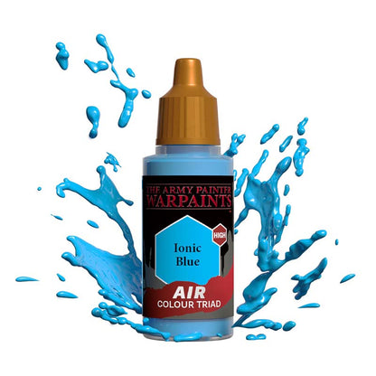 The Army Painter Air Ionic Blue bottle with vibrant blue paint splashes showcasing airbrush color for miniatures.