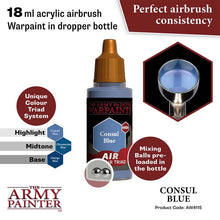 The Army Painter Air Consul Blue 18ml acrylic airbrush warpaint with perfect airbrush consistency and mixing balls.