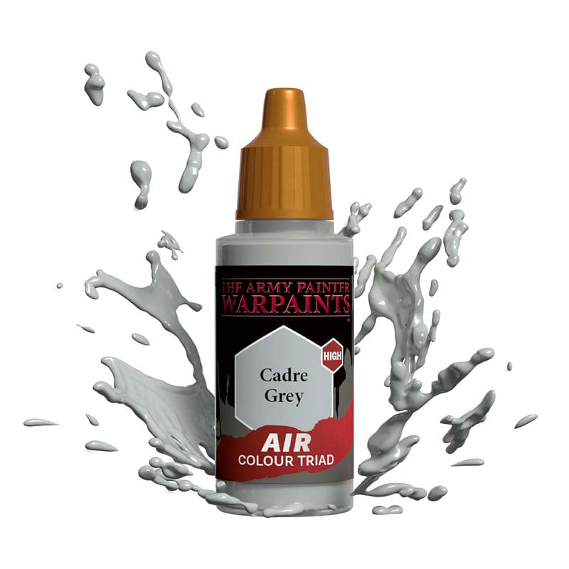 The Army Painter Air Cadre Grey bottle with grey paint splashes showcasing high-quality air color triad paint.