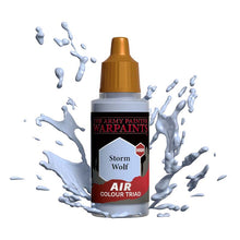 The Army Painter Air Storm Wolf bottle with paint splashing effect showcasing grey airbrush color.