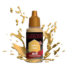 The Army Painter Air Yellow Dune bottle with paint splashes showcasing an airbrush color triad for miniature painting.